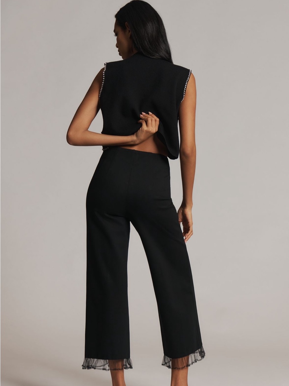 Colette by Maeve black stretch pants with lace trim hem. Back zipper - Picture 4 of 12